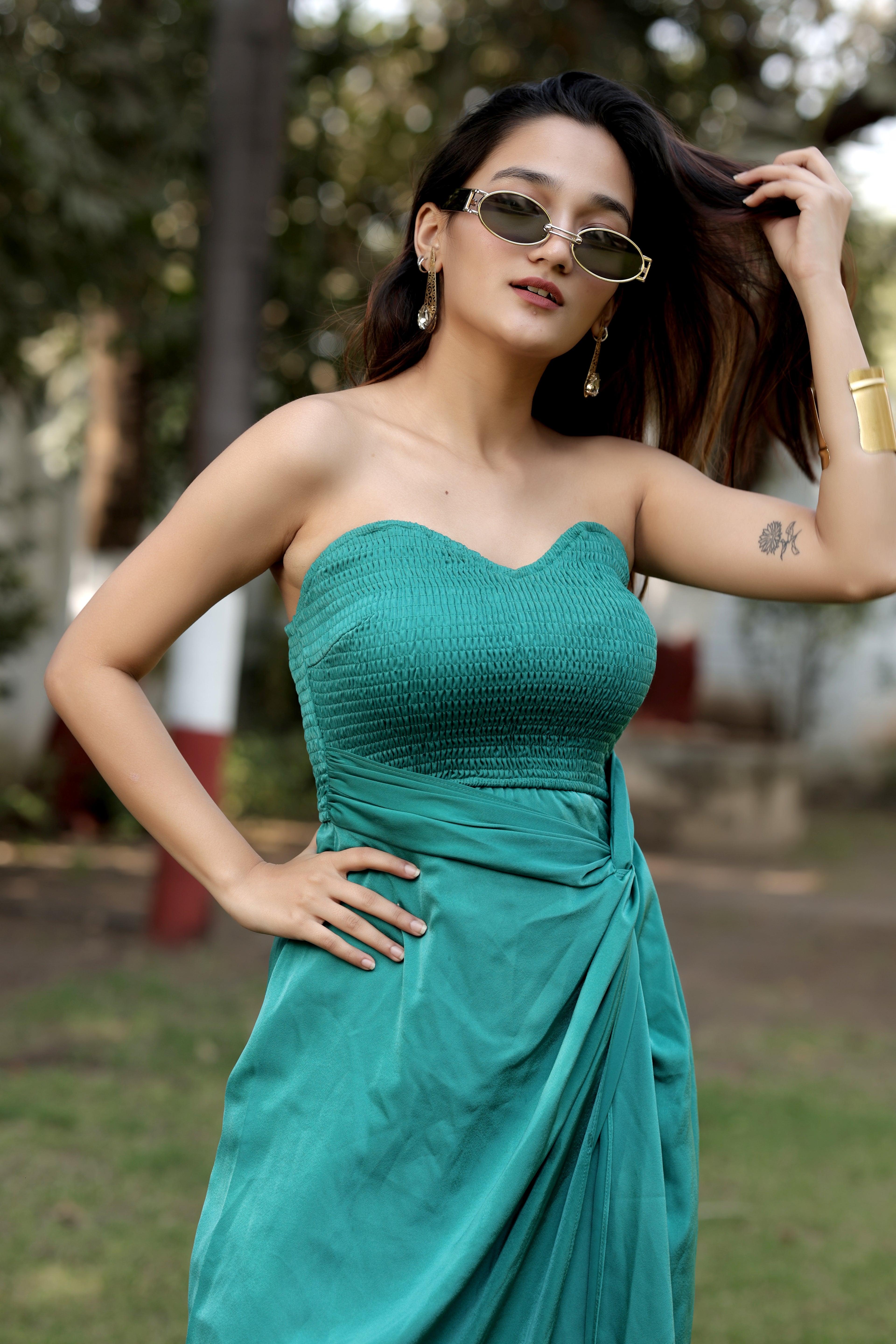 Teal Smocked Strapless Draped Midi Dress