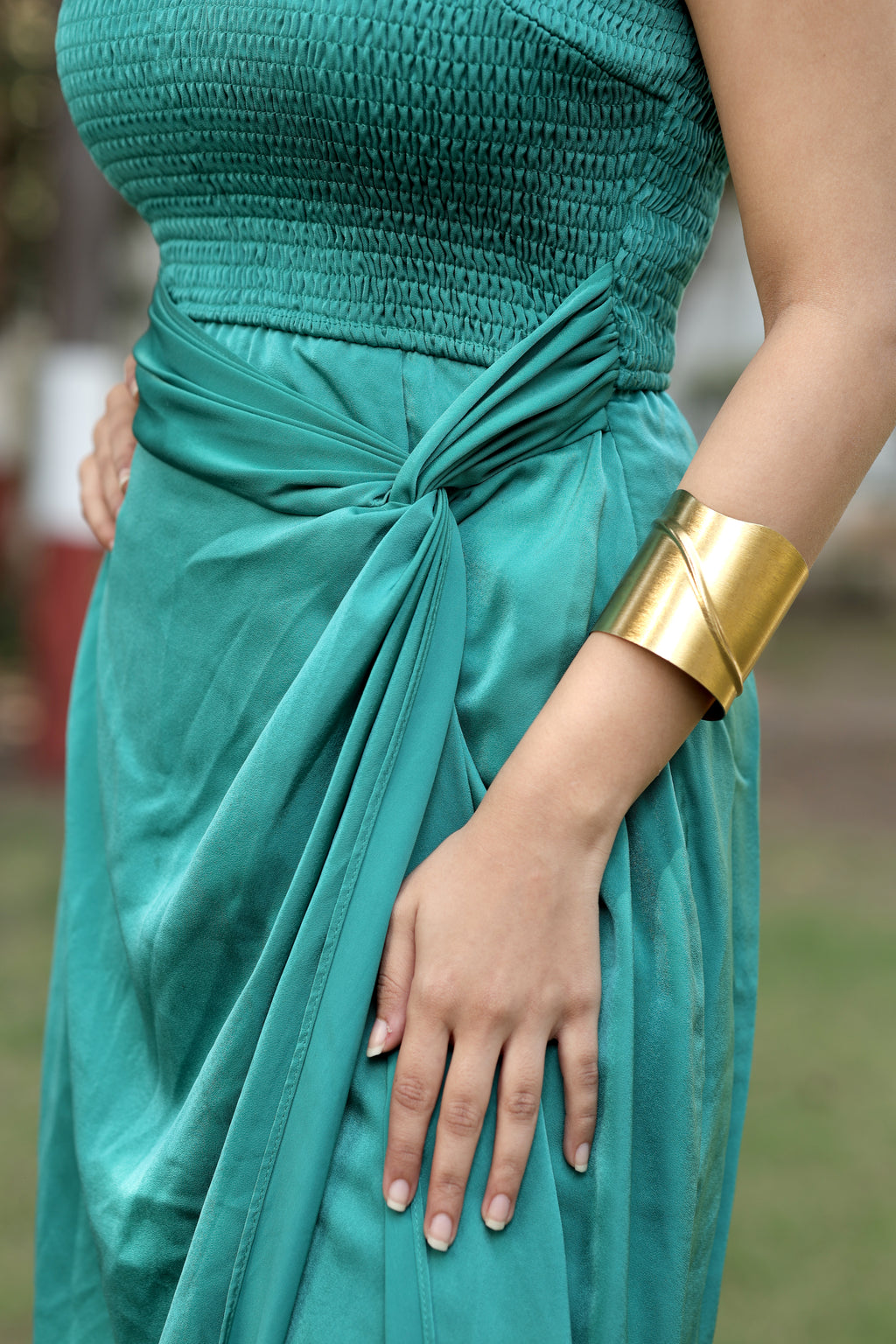 Teal Smocked Strapless Draped Midi Dress
