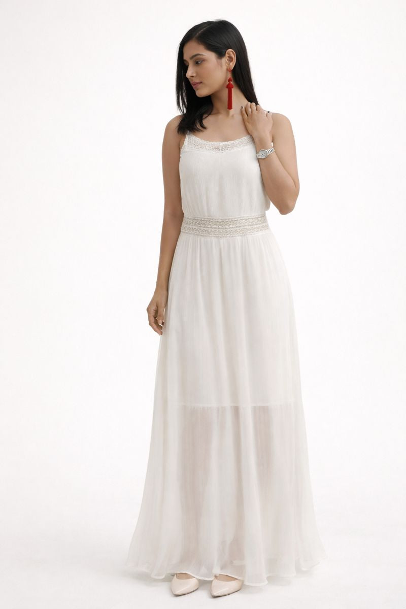 White Lace-Trim Empire Waist Maxi
