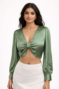 Sage Satin Bow-Front Crop Top
