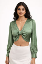 Sage Satin Bow-Front Crop Top