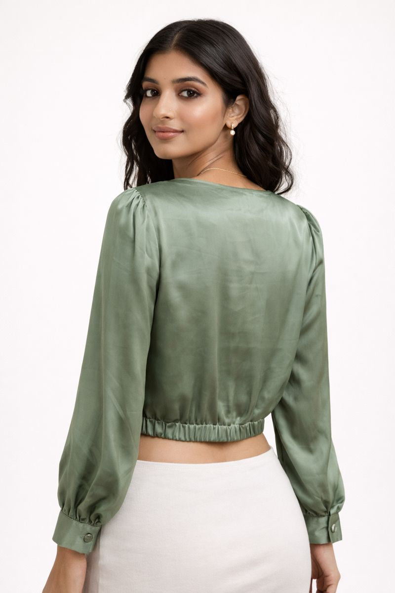 Sage Satin Bow-Front Crop Top