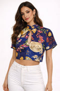 Oriental Print Keyhole Crop Top