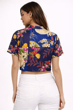 Oriental Print Keyhole Crop Top