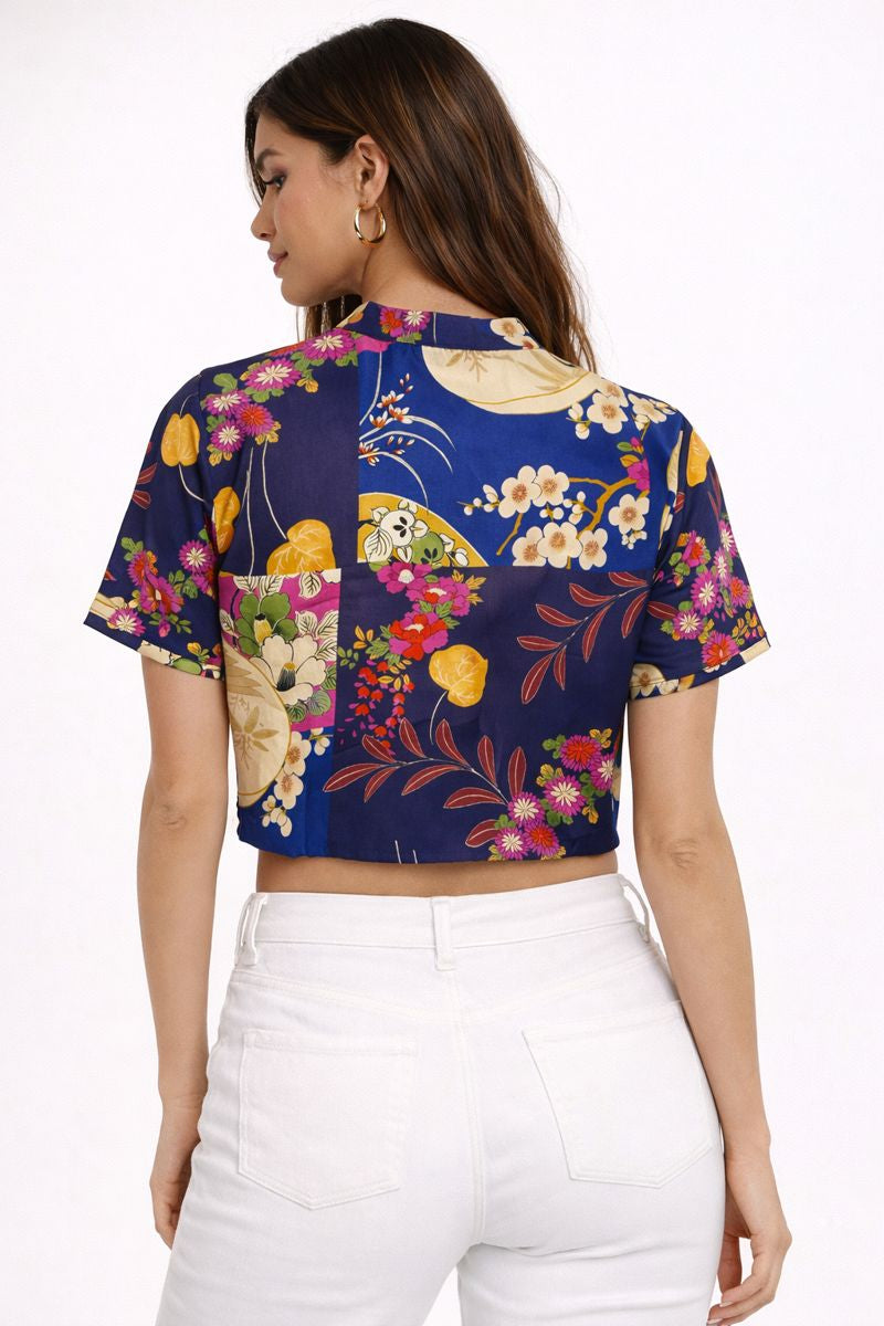 Oriental Print Keyhole Crop Top