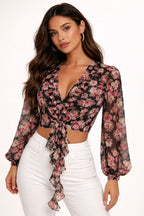 Ruffled Floral Tie-Front Blouse