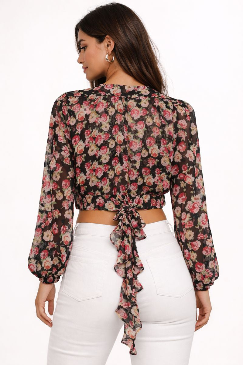 Ruffled Floral Tie-Front Blouse