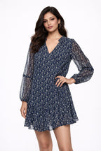 Navy Blue Floral Print Chiffon Mini Dress