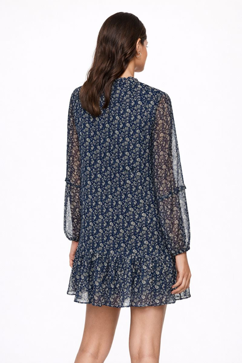 Navy Blue Floral Print Chiffon Mini Dress
