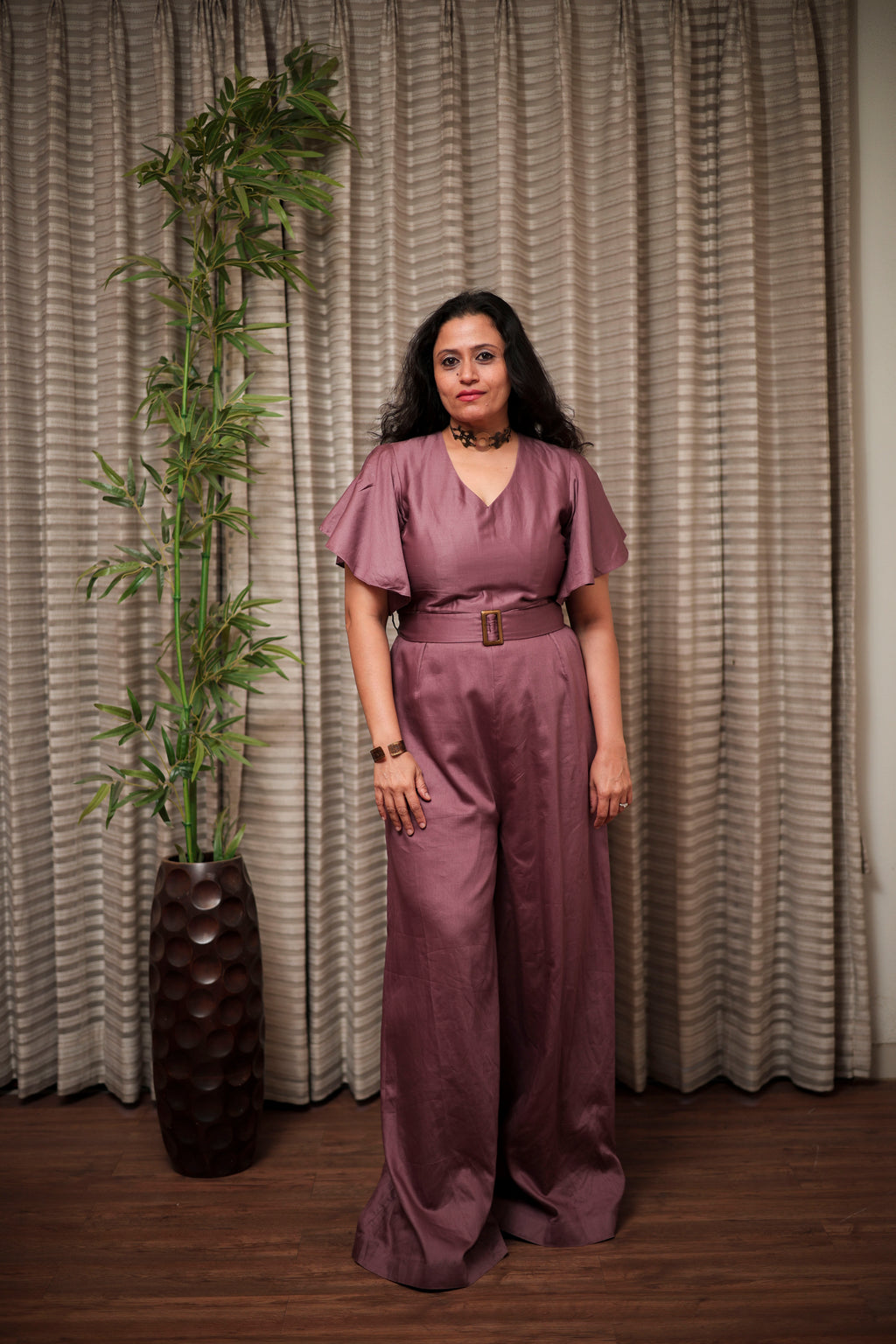 Mauve Satin Belted Jumpsuit