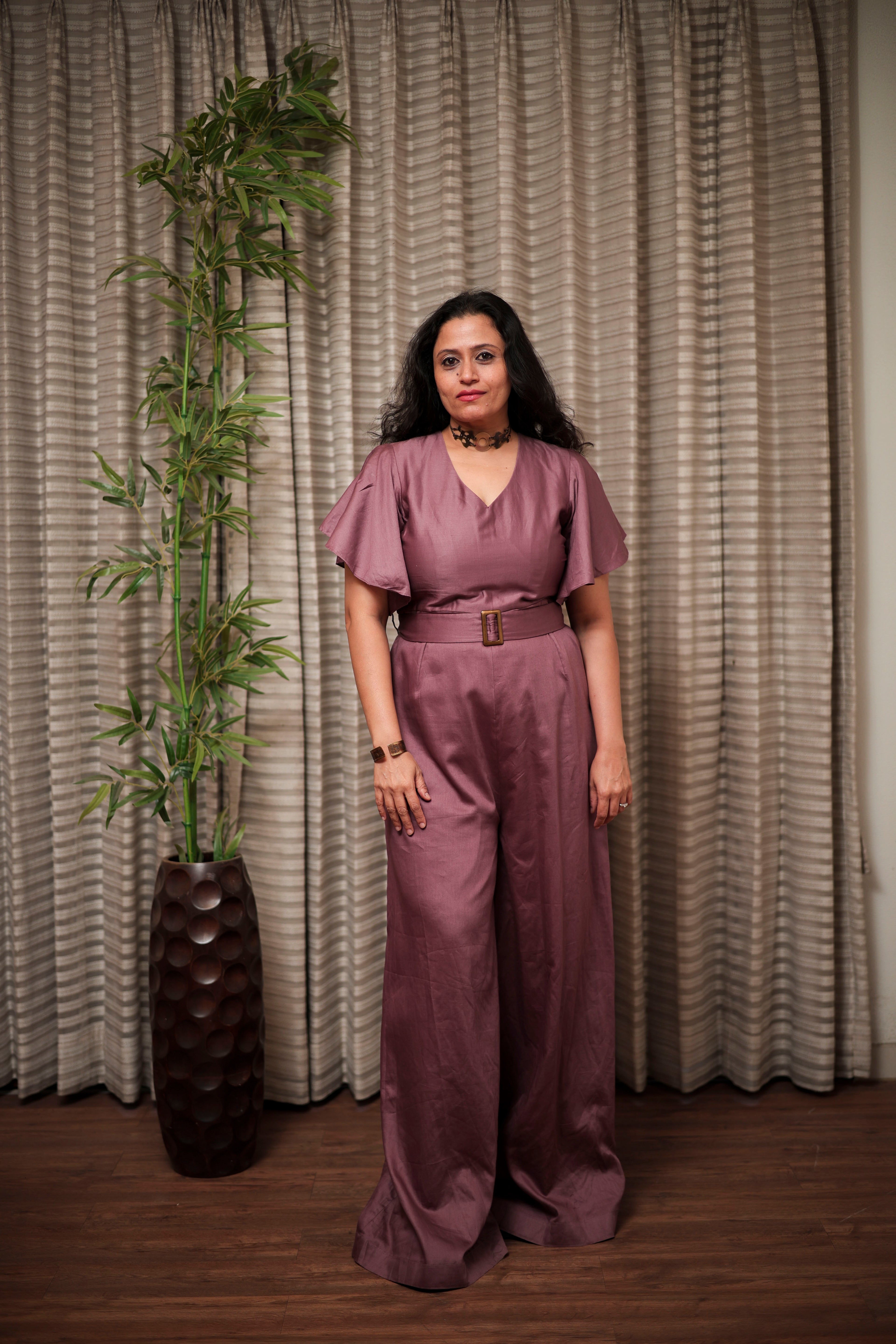Mauve Satin Belted Jumpsuit