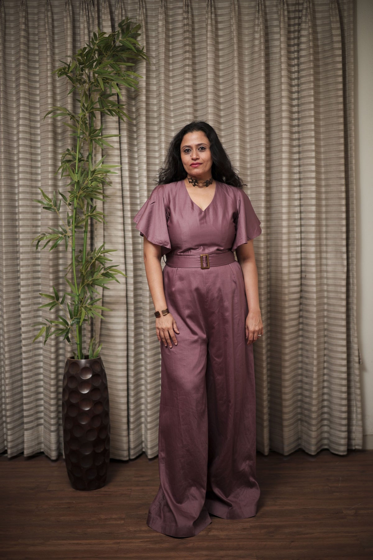 Mauve Satin Belted Jumpsuit