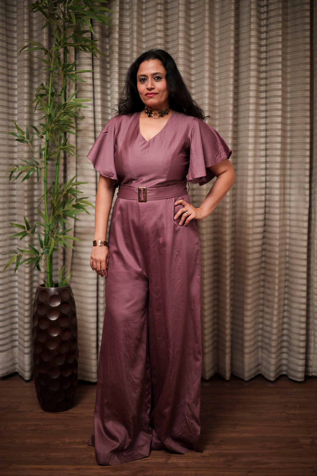 Mauve Satin Belted Jumpsuit