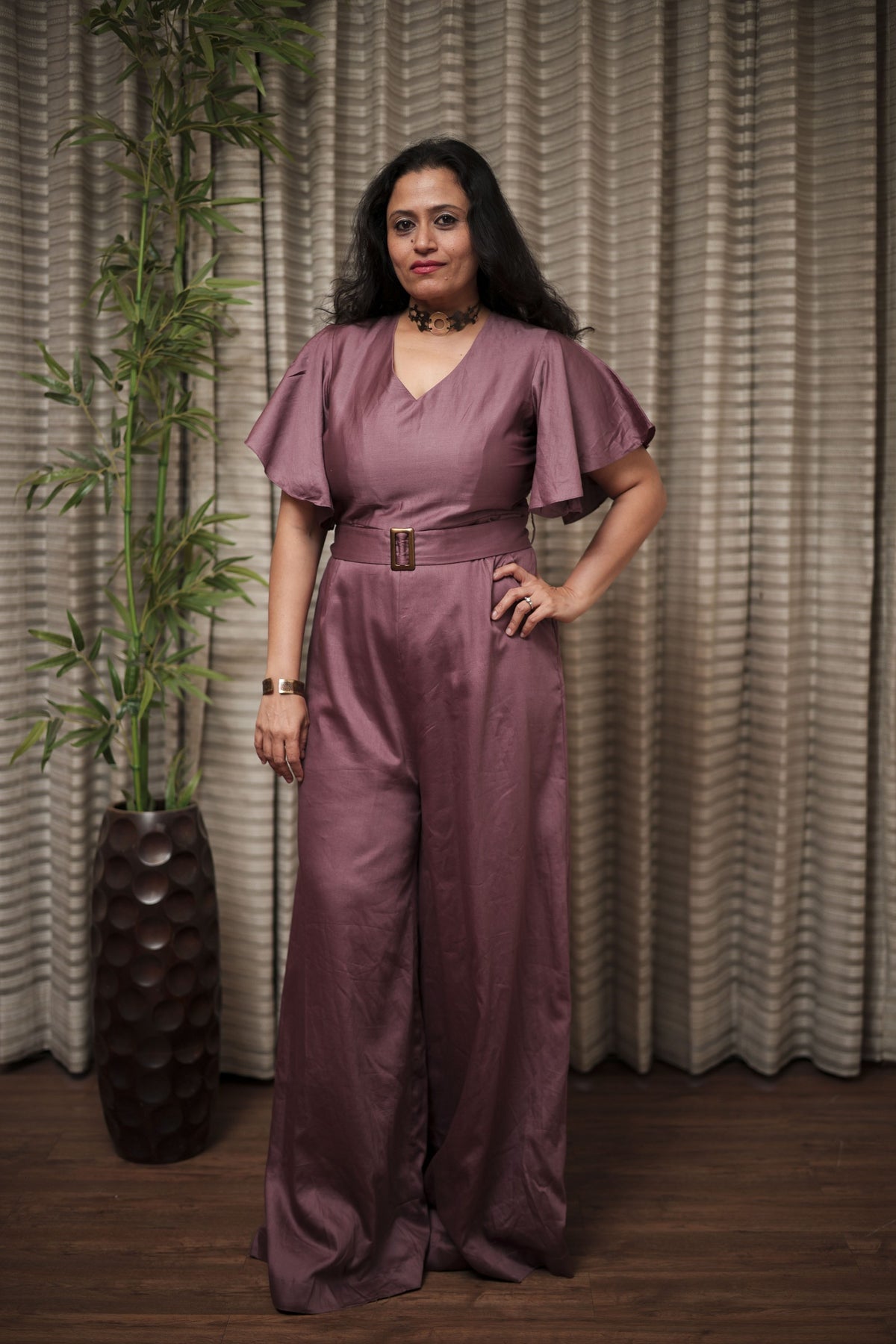 Mauve Satin Belted Jumpsuit