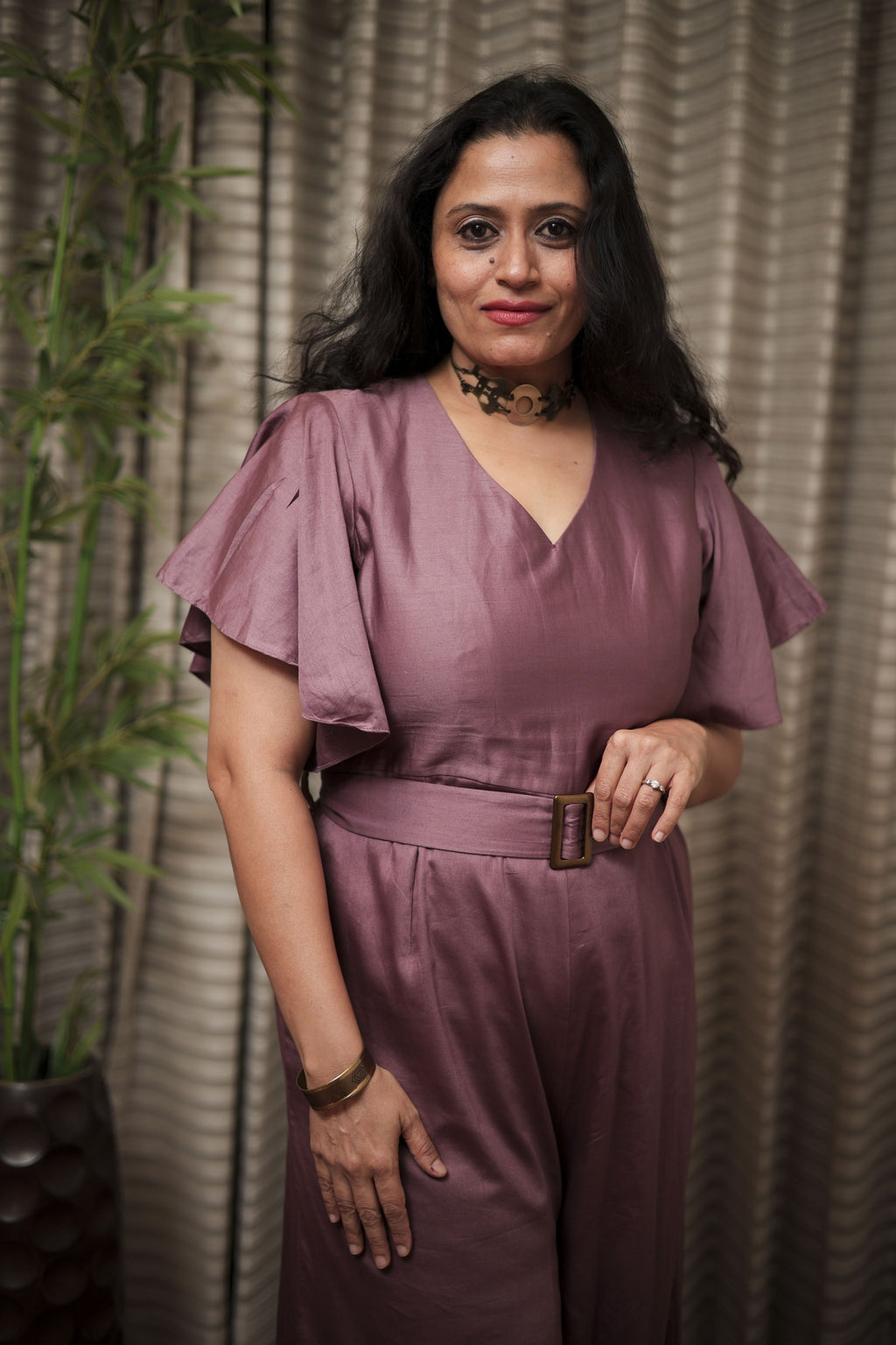 Mauve Satin Belted Jumpsuit