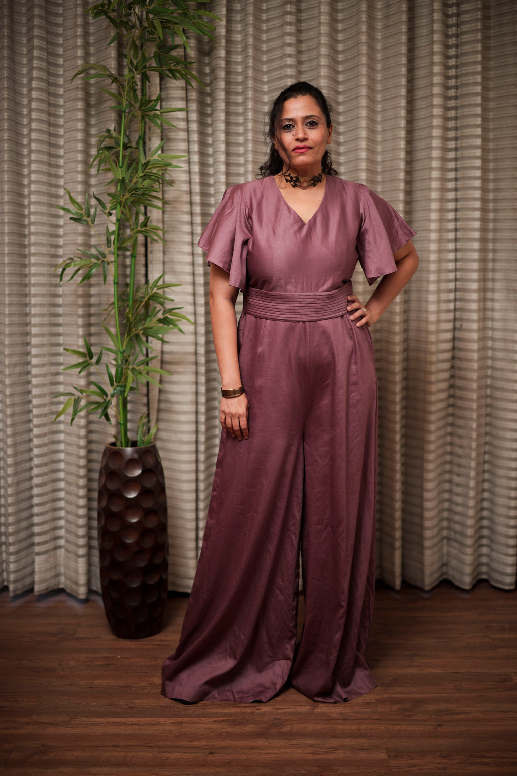 Mauve Satin Belted Jumpsuit