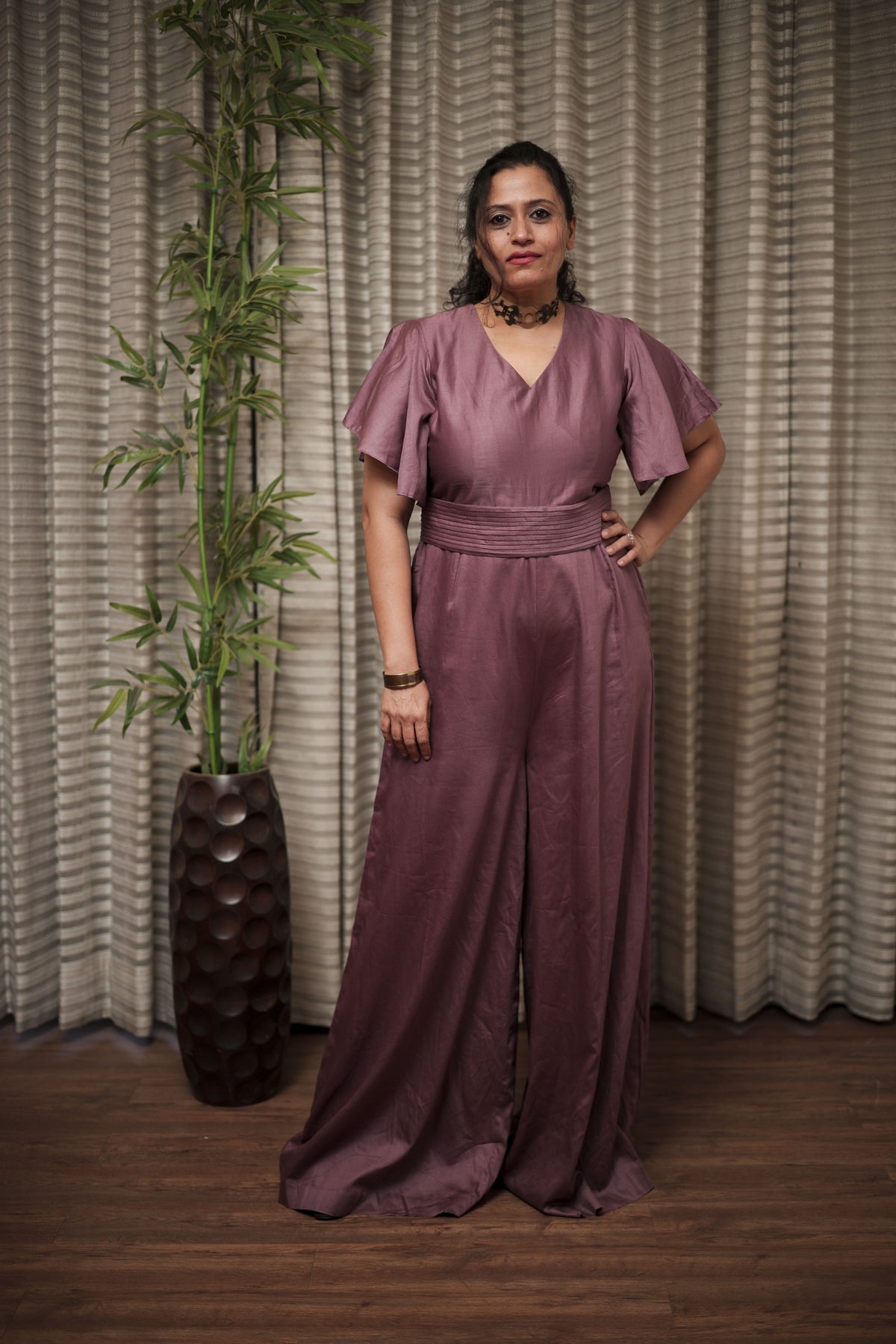 Mauve Satin Belted Jumpsuit