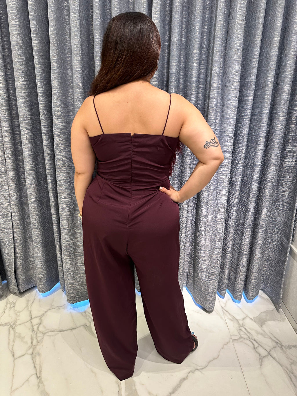 Burgundy Textured Shag-Top Jumpsuit