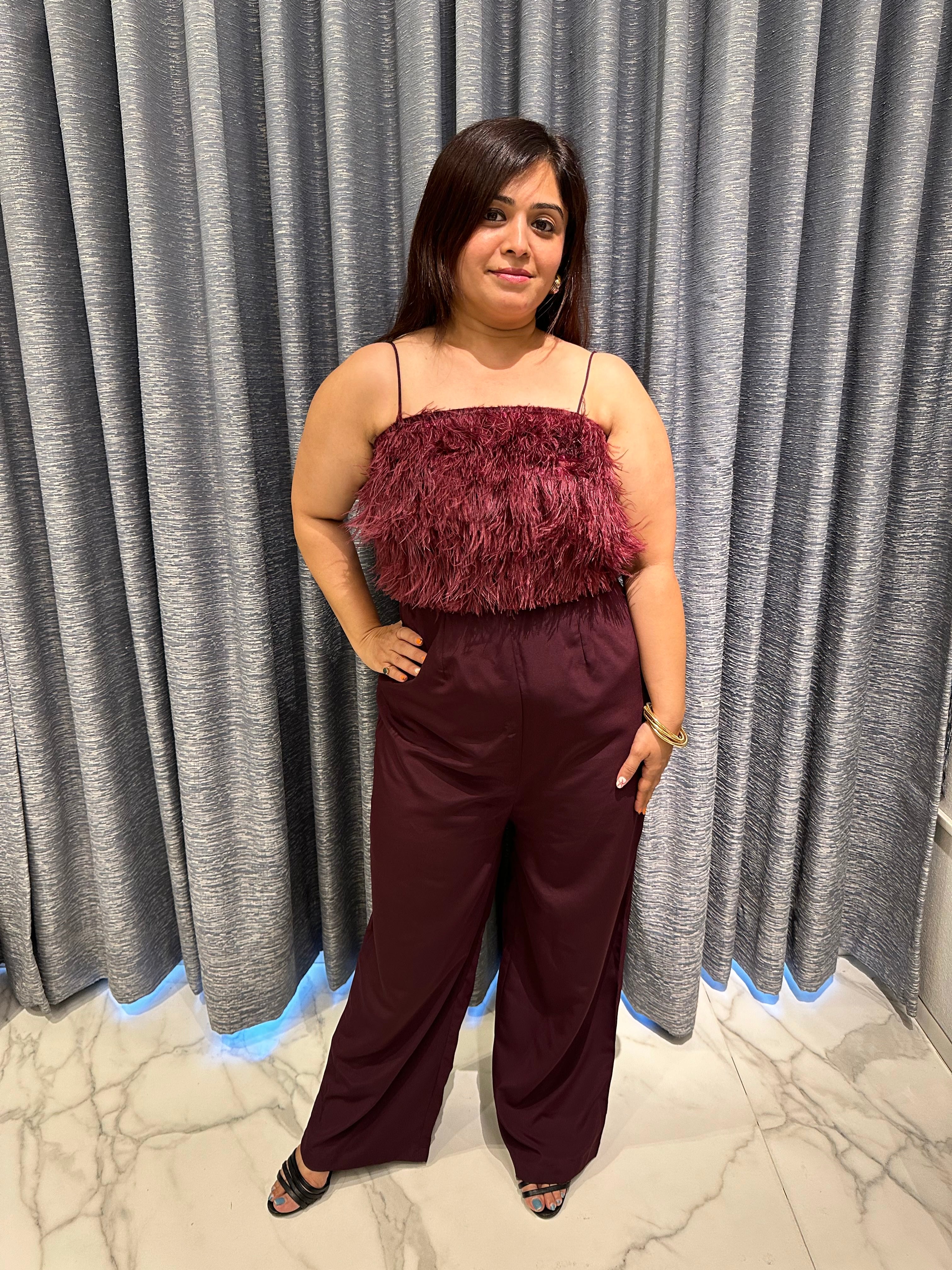 Burgundy Textured Shag-Top Jumpsuit