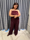 Burgundy Textured Shag-Top Jumpsuit