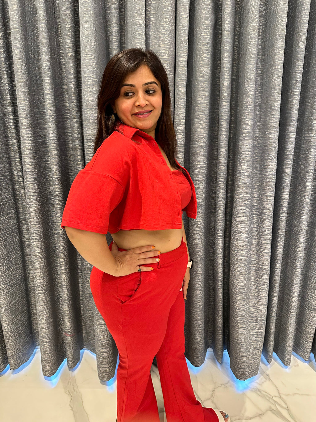 Ruched Bandeau with Matching Crop Shirt and Flared Pants