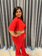 Ruched Bandeau with Matching Crop Shirt and Flared Pants