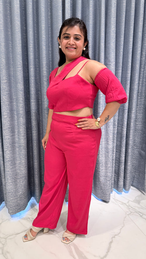 Asymmetrical Cut-Out Crop Top & High-Waisted Trousers