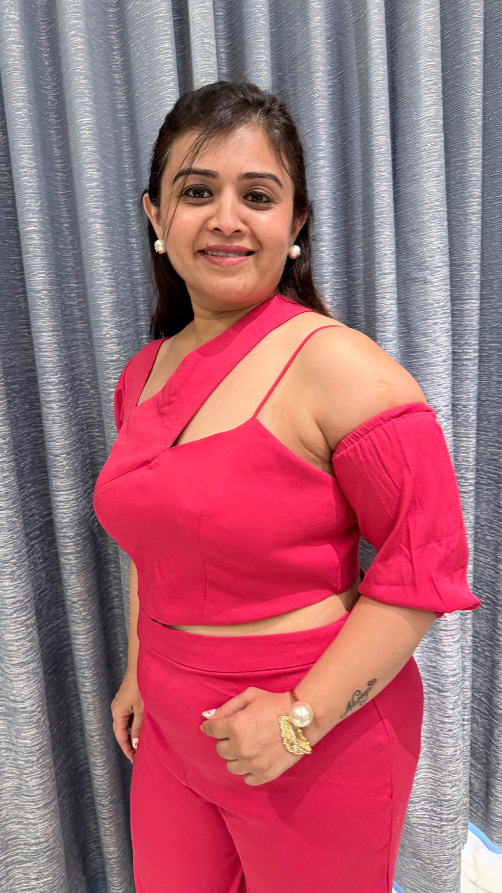 Asymmetrical Cut-Out Crop Top & High-Waisted Trousers
