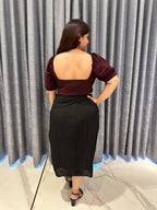 Twist-Detail Berry Crop Blouse Paired with Overlap Pleat Black Skirt