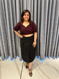 Twist-Detail Berry Crop Blouse Paired with Overlap Pleat Black Skirt