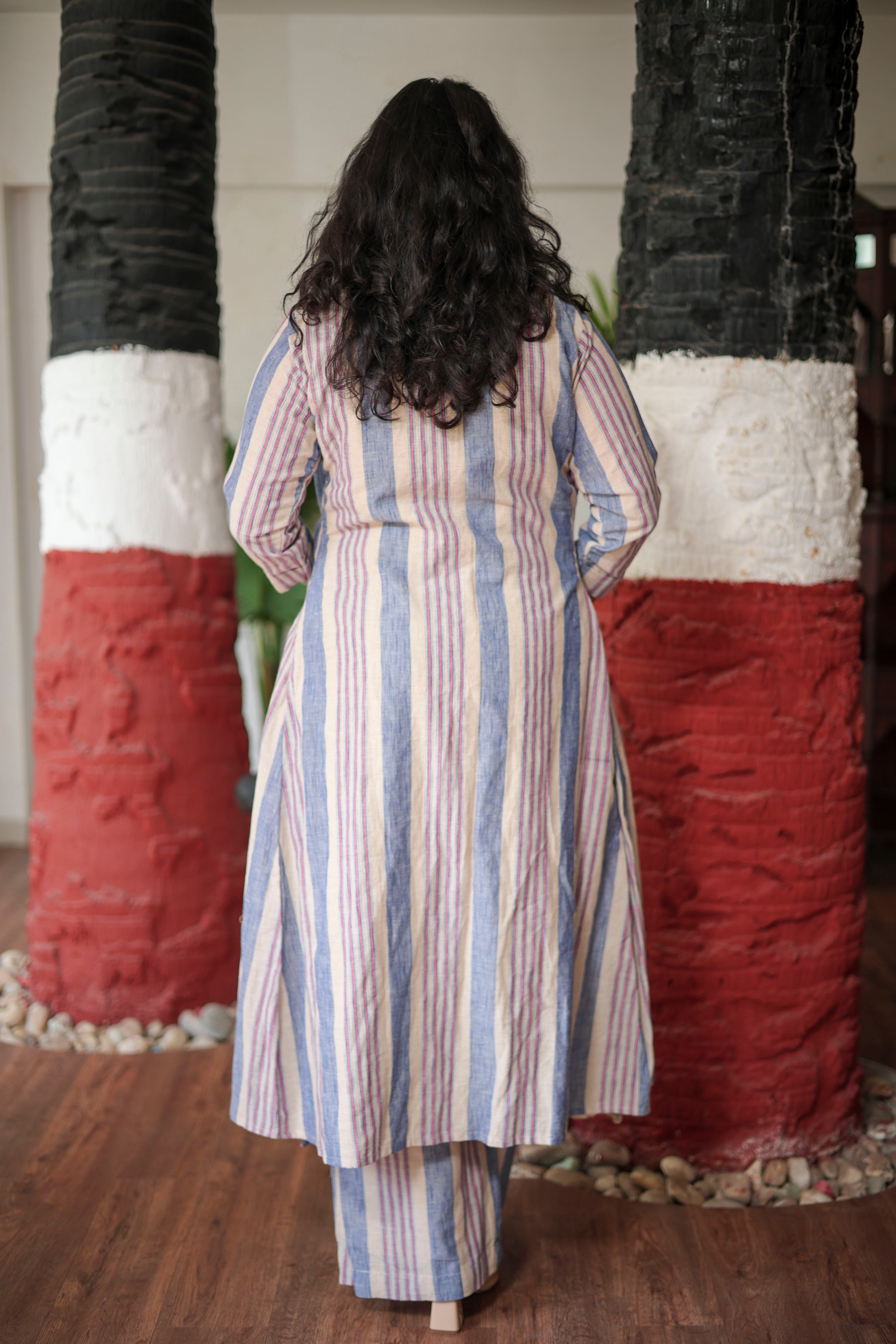 Chic 3-Piece Linen Set: Striped Shrug, Kurta & Palazzos in Blue and Maroon