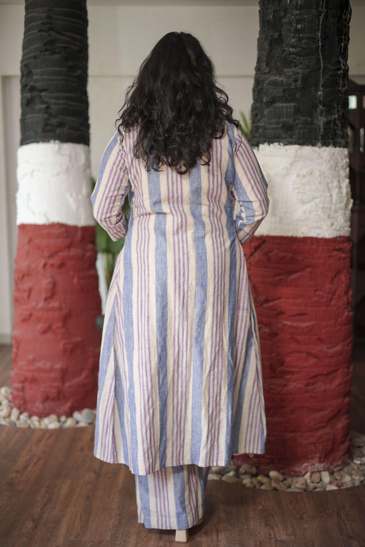 Chic 3-Piece Linen Set: Striped Shrug, Kurta & Palazzos in Blue and Maroon