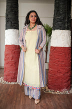Chic 3-Piece Linen Set: Striped Shrug, Kurta & Palazzos in Blue and Maroon