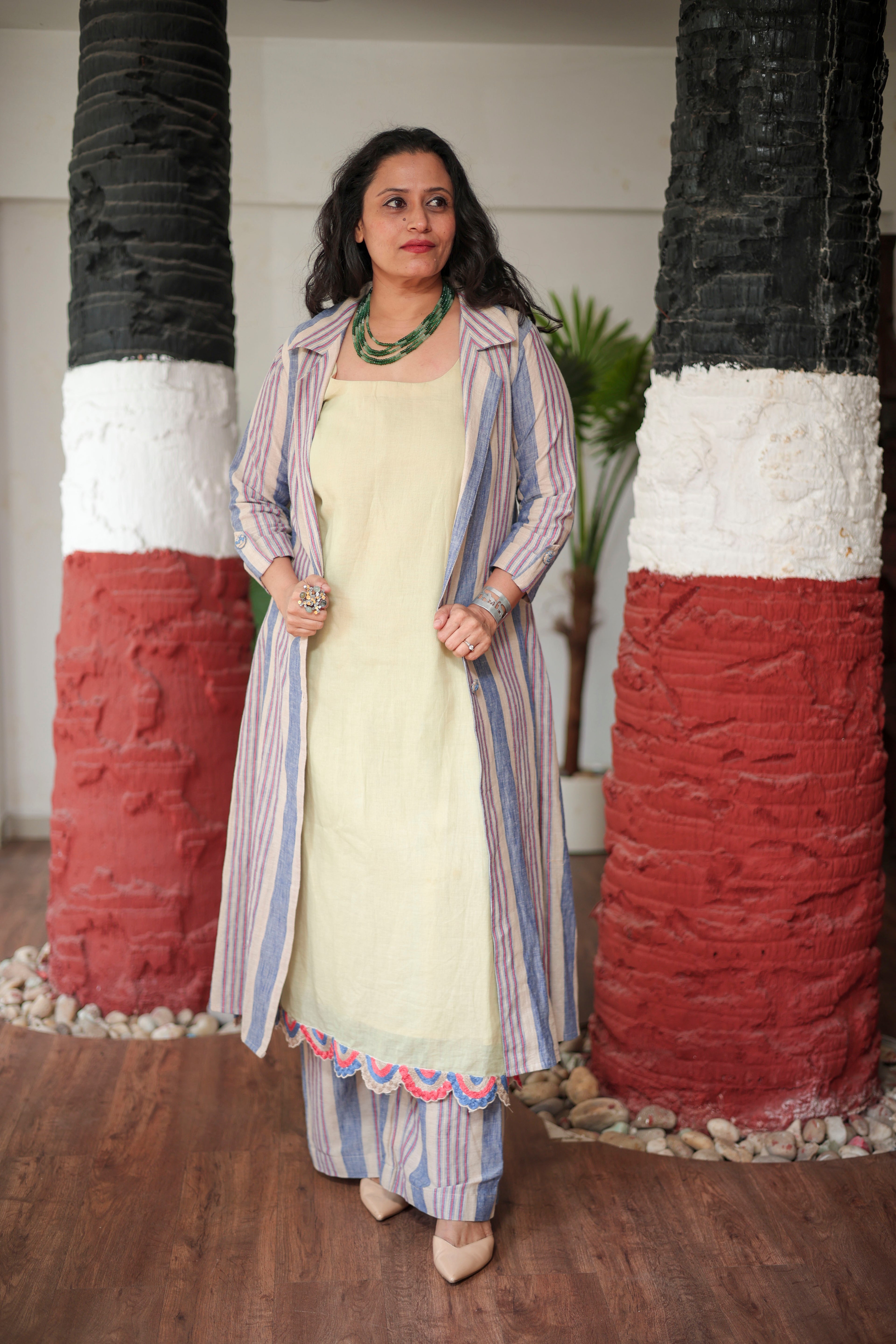 Chic 3-Piece Linen Set: Striped Shrug, Kurta & Palazzos in Blue and Maroon