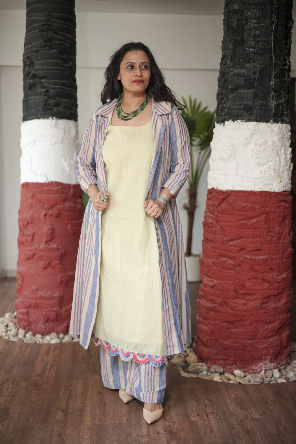 Chic 3-Piece Linen Set: Striped Shrug, Kurta & Palazzos in Blue and Maroon