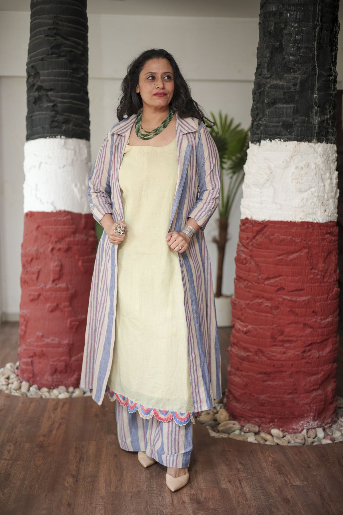 Chic 3-Piece Linen Set: Striped Shrug, Kurta & Palazzos in Blue and Maroon
