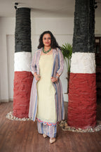 Chic 3-Piece Linen Set: Striped Shrug, Kurta & Palazzos in Blue and Maroon