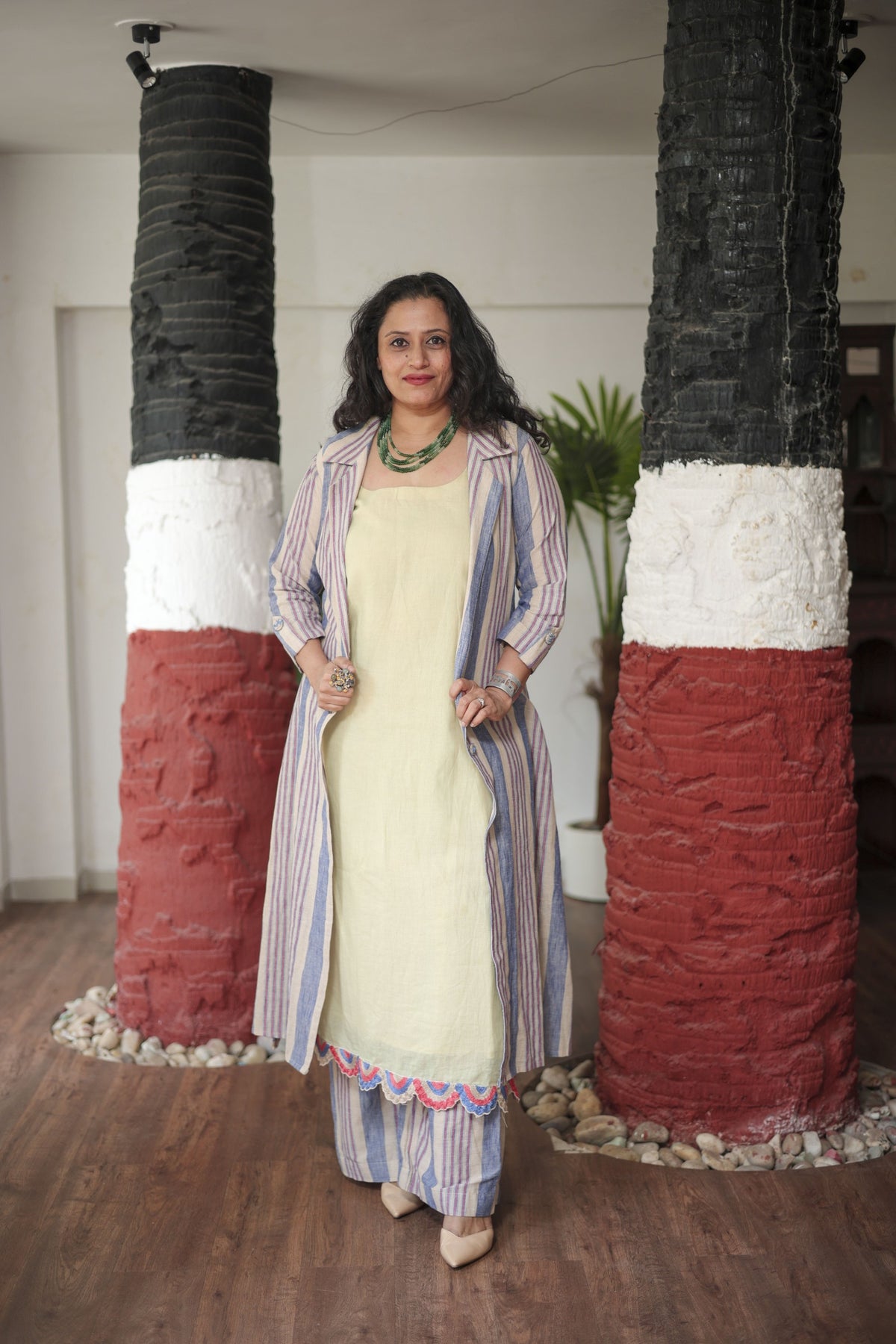 Chic 3-Piece Linen Set: Striped Shrug, Kurta & Palazzos in Blue and Maroon