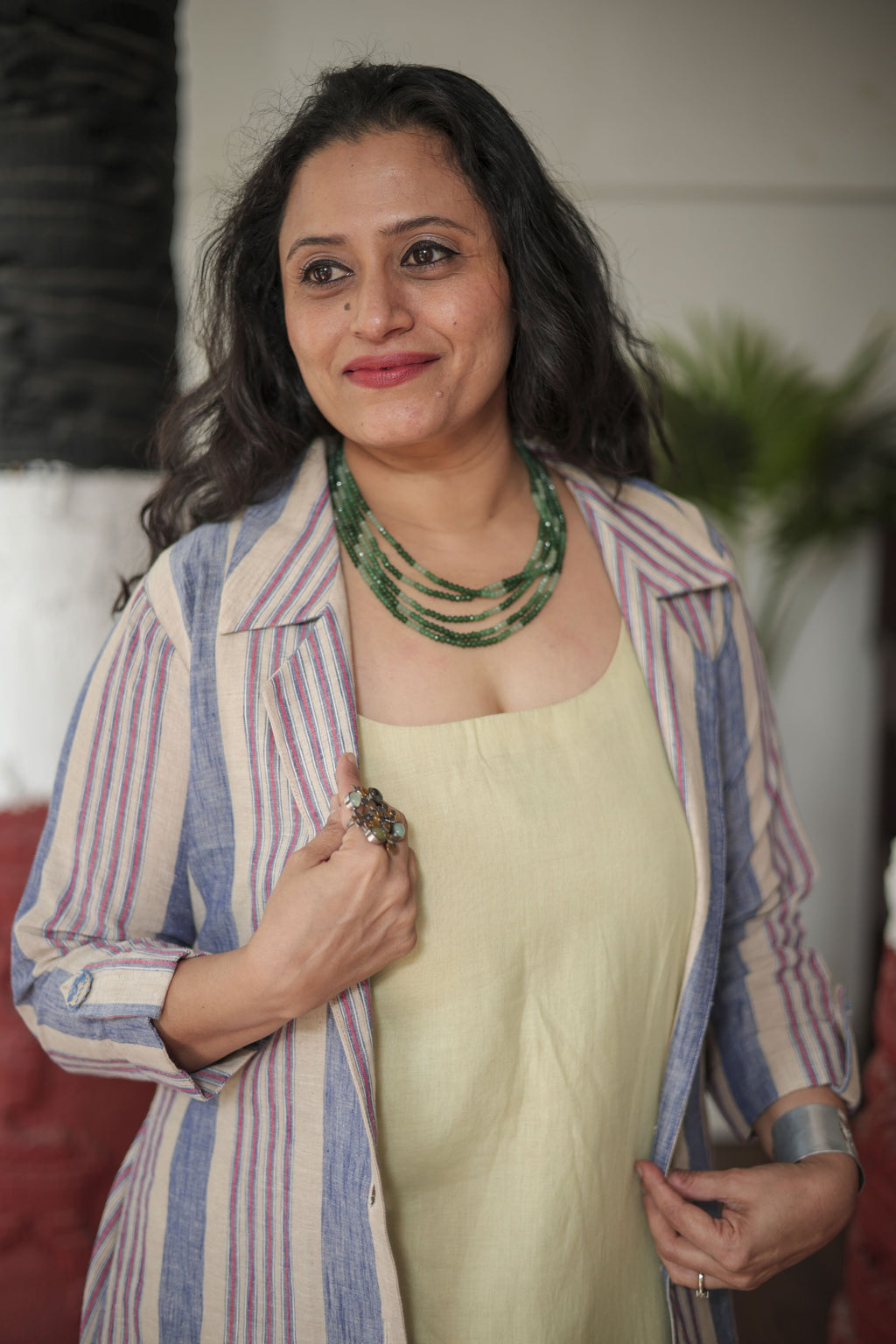 Chic 3-Piece Linen Set: Striped Shrug, Kurta & Palazzos in Blue and Maroon