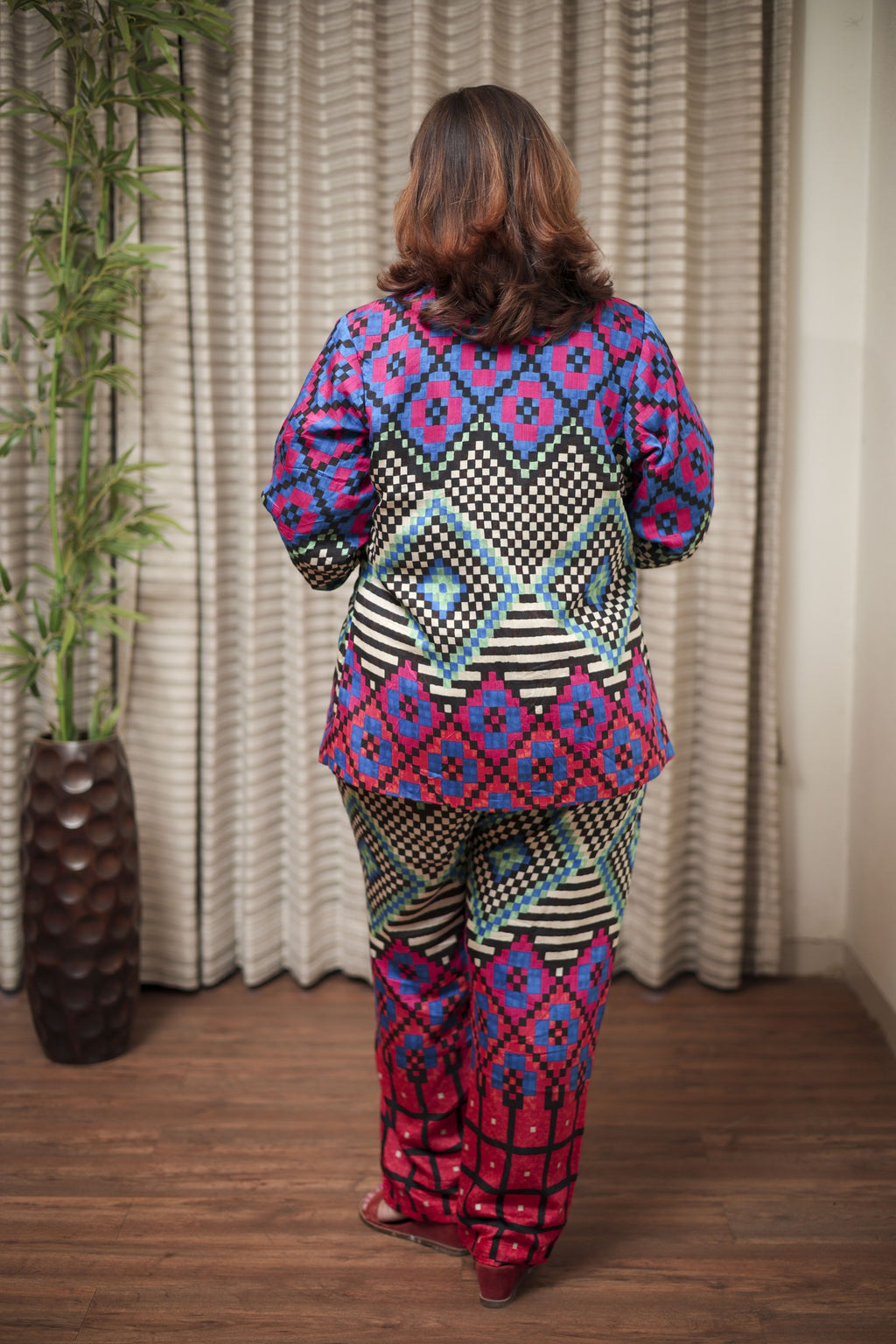 Vibrant Geometric Print 3-Piece Pantsuit with Strapless Top & Blazer