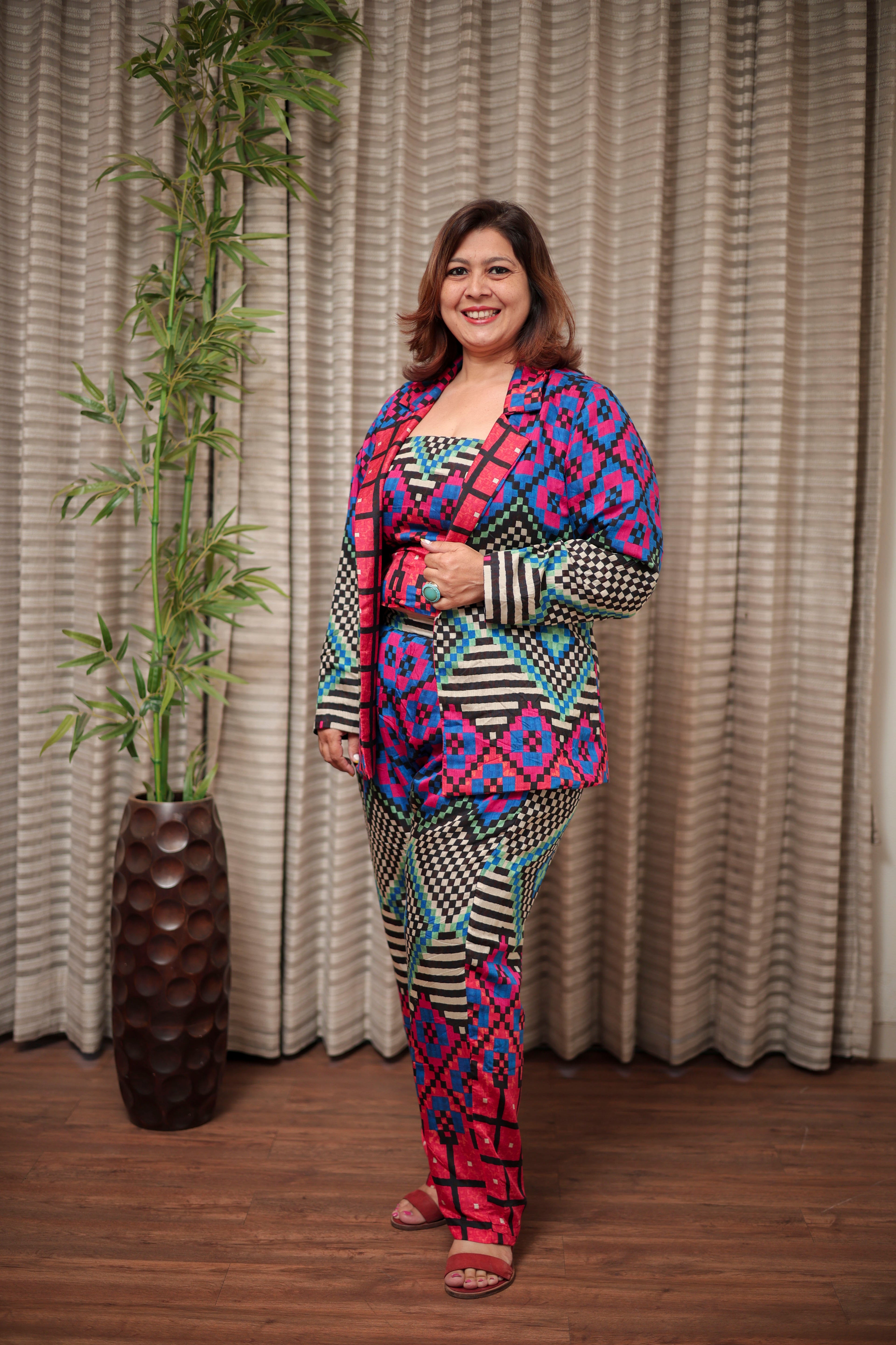 Vibrant Geometric Print 3-Piece Pantsuit with Strapless Top & Blazer