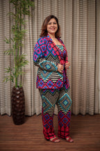Vibrant Geometric Print 3-Piece Pantsuit with Strapless Top & Blazer