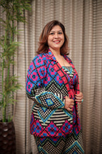 Vibrant Geometric Print 3-Piece Pantsuit with Strapless Top & Blazer