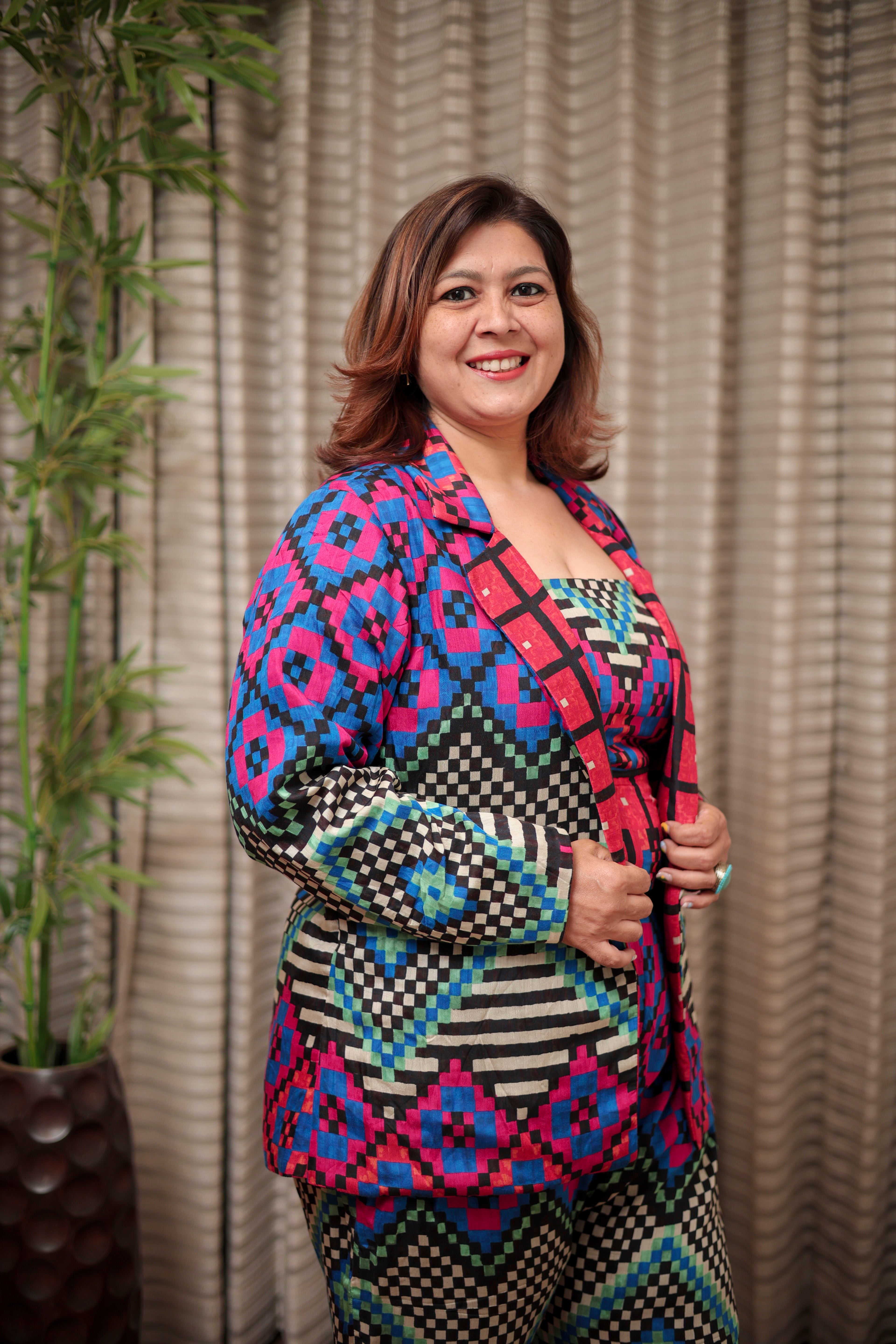 Vibrant Geometric Print 3-Piece Pantsuit with Strapless Top & Blazer