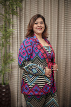 Vibrant Geometric Print 3-Piece Pantsuit with Strapless Top & Blazer