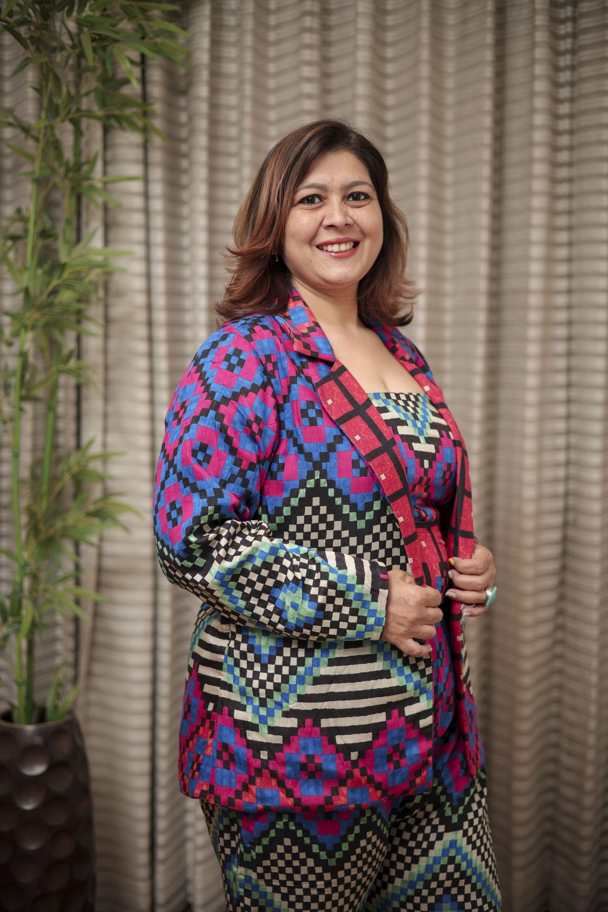Vibrant Geometric Print 3-Piece Pantsuit with Strapless Top & Blazer