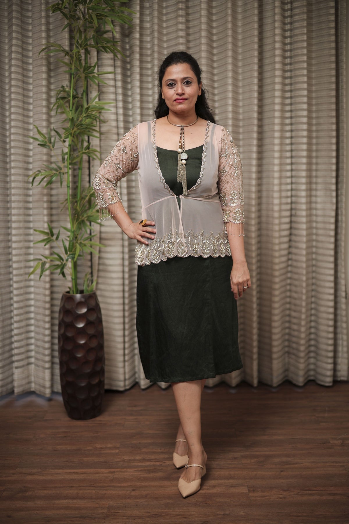 Blush Pink Sheer Tulle Shrug with Scalloped Intricate Beadwork