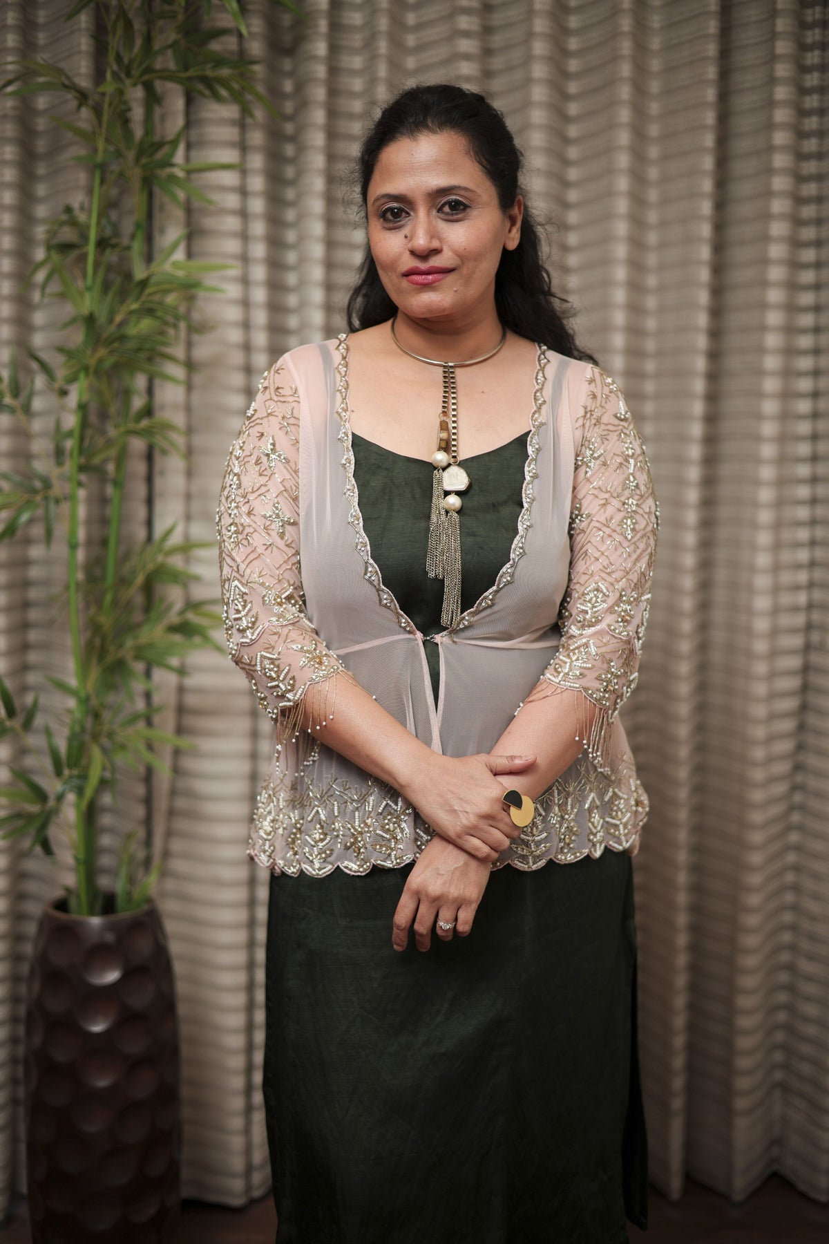 Blush Pink Sheer Tulle Shrug with Scalloped Intricate Beadwork