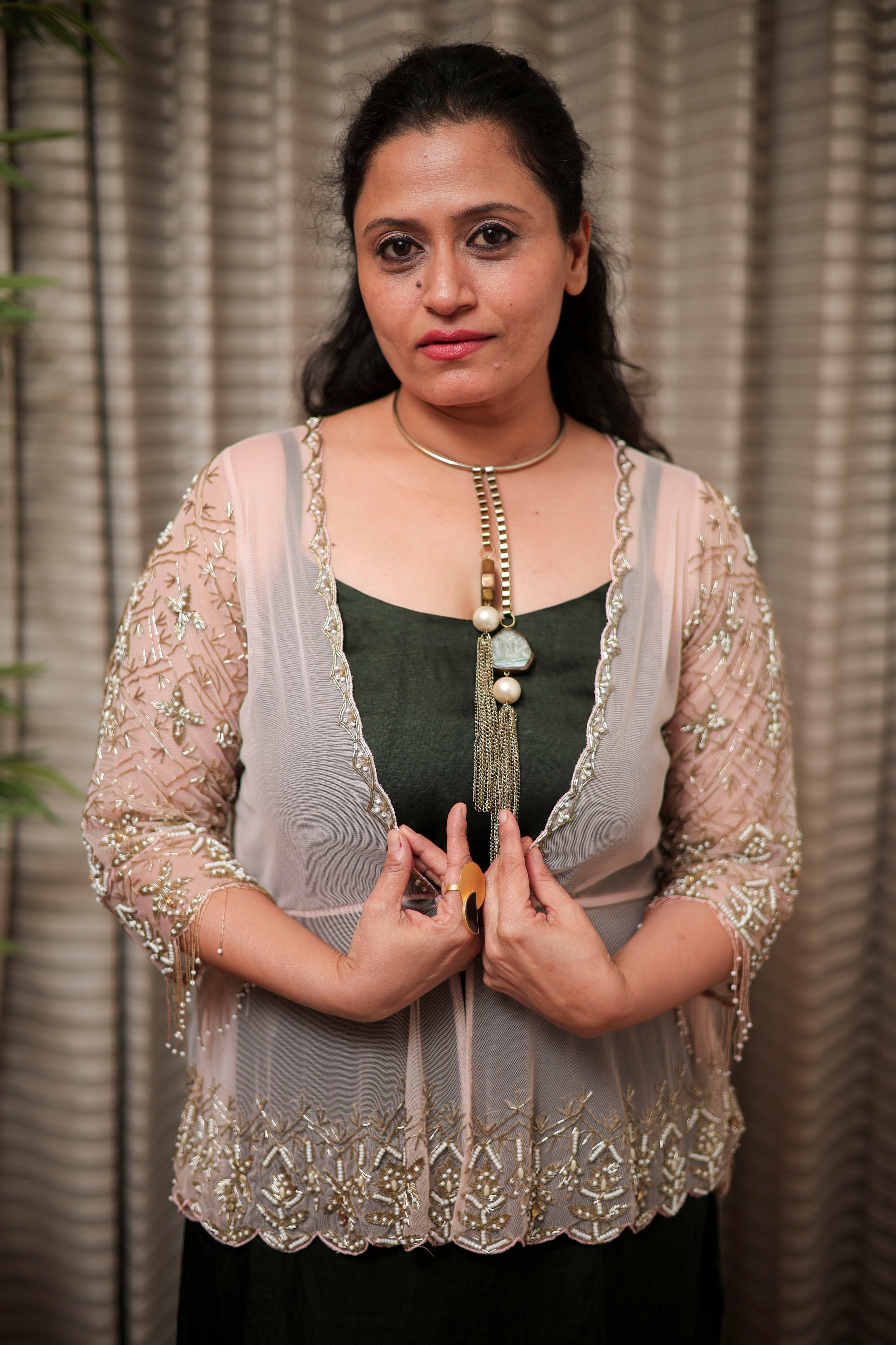 Blush Pink Sheer Tulle Shrug with Scalloped Intricate Beadwork