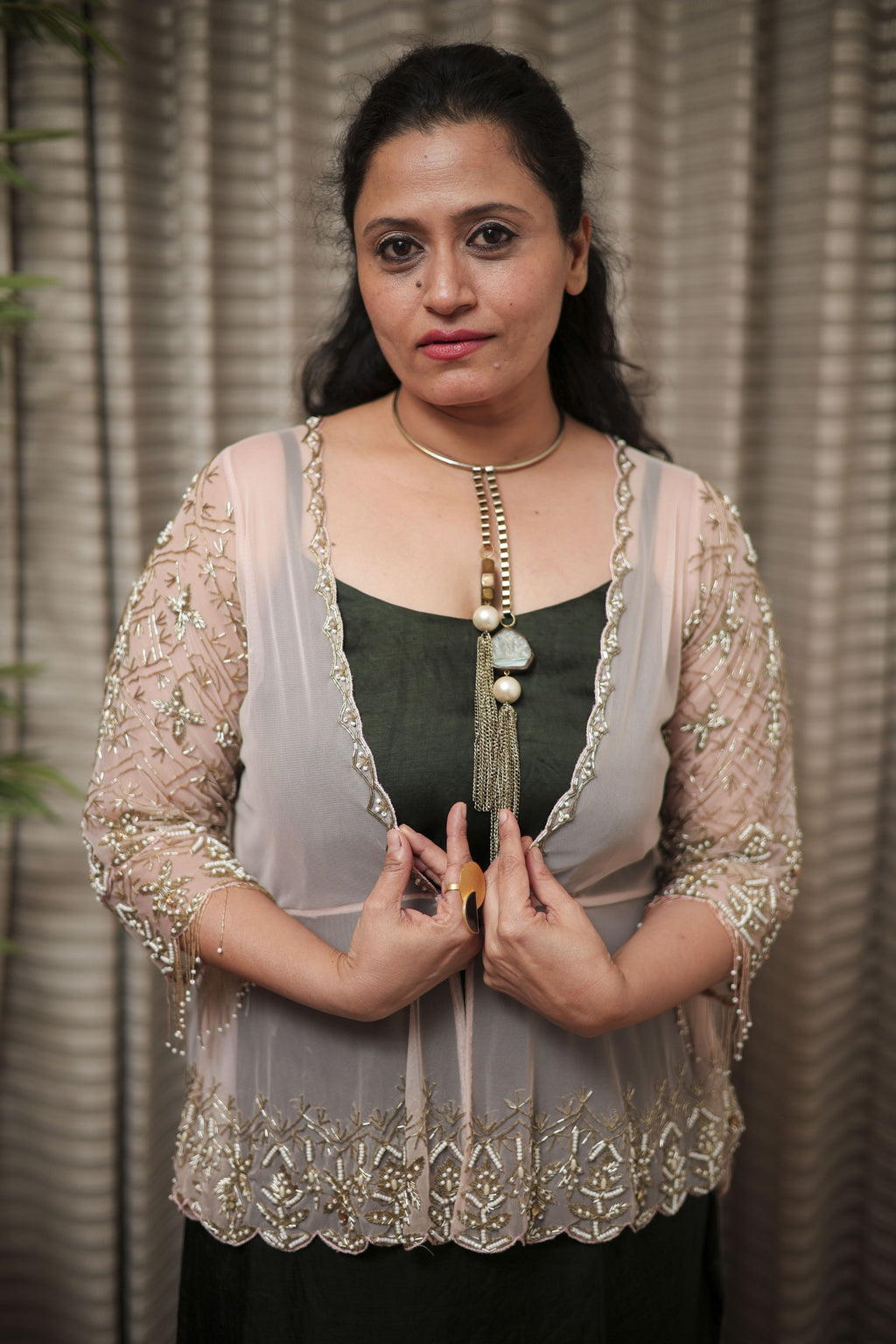 Blush Pink Sheer Tulle Shrug with Scalloped Intricate Beadwork